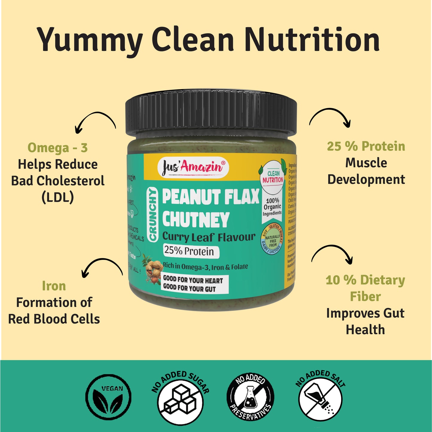 Jus Amazin Crunchy Organic Peanut Flax Chutney - Curry Leaf Flavor (200g)
