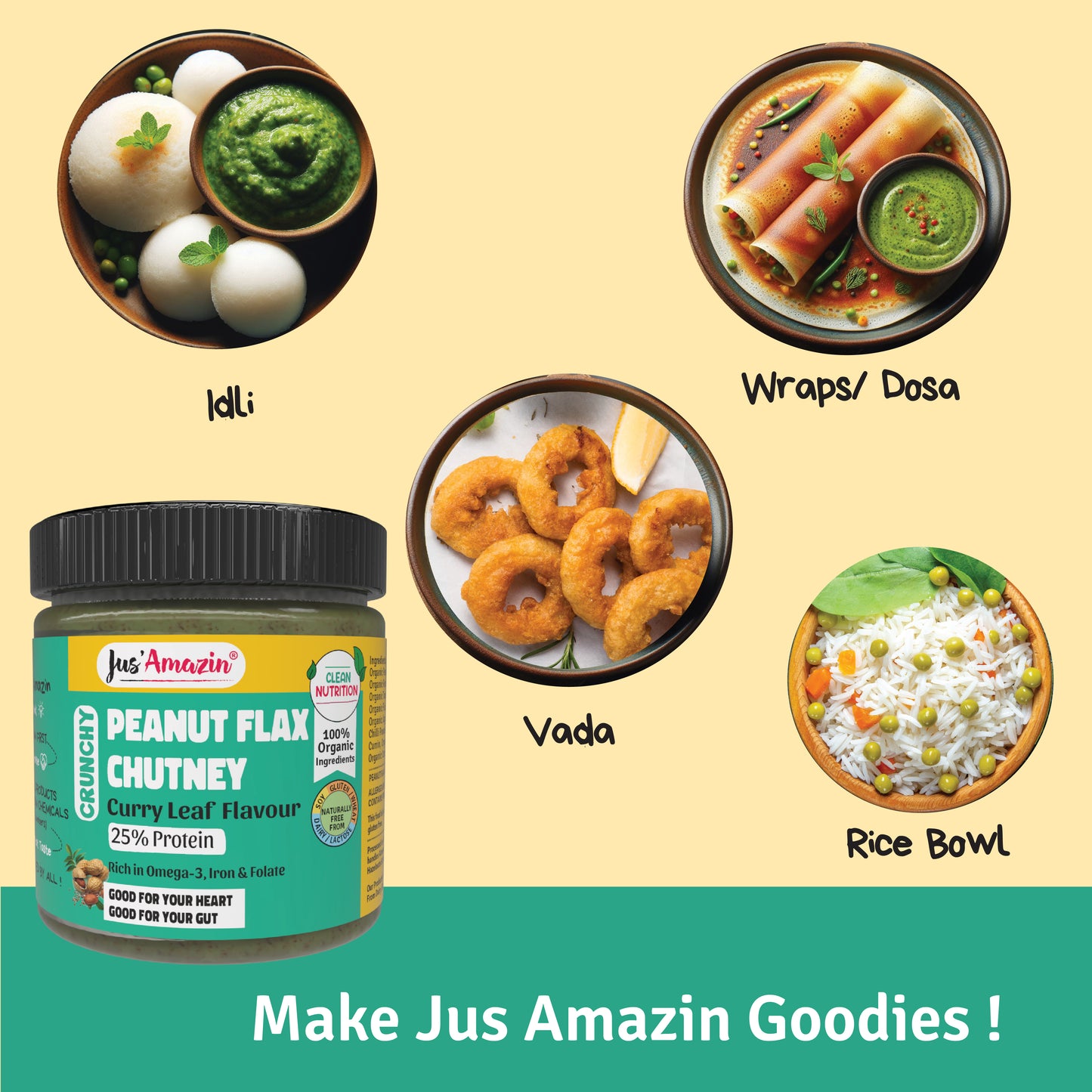Jus Amazin Crunchy Organic Peanut Flax Chutney - Curry Leaf Flavor (200g)