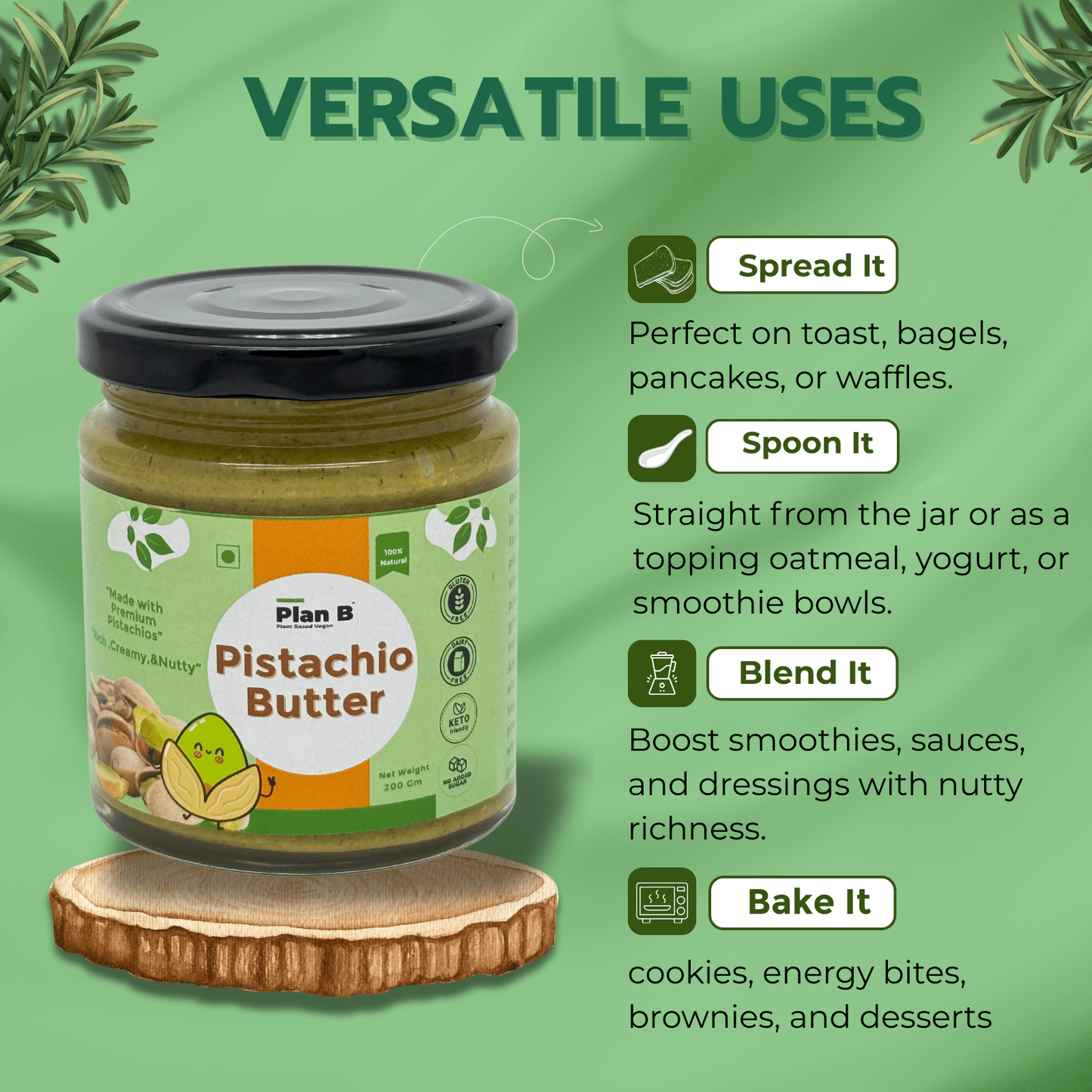 Plan B Pistachio Butter | Premium Vegan Nut Butter Made with Roasted Pistachios | No Added Sugar, Dairy-Free, Gluten-Free | High Protein, Healthy Fats | Creamy Plant-Based Spread | 200g Jar
