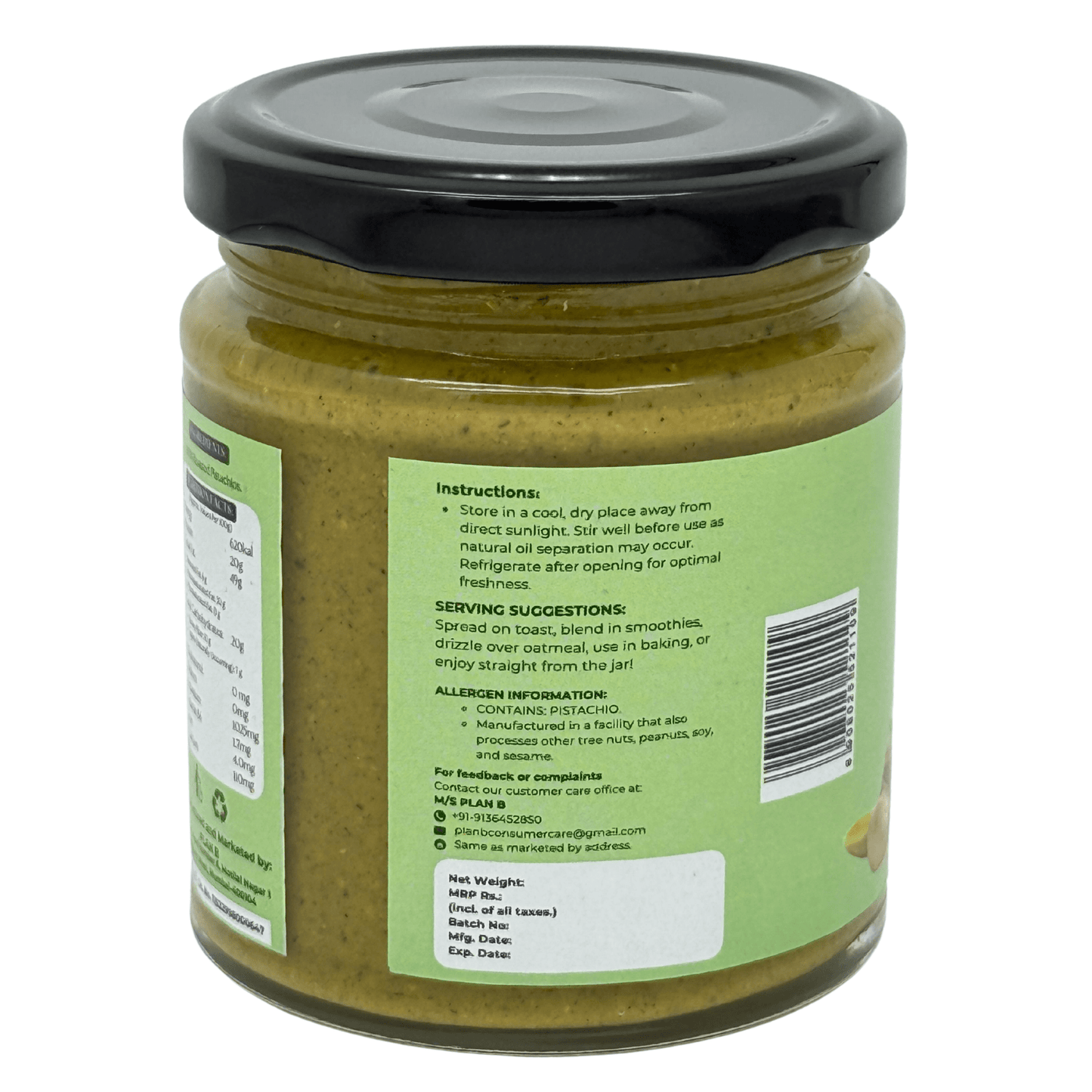 Plan B Pistachio Butter | Premium Vegan Nut Butter Made with Roasted Pistachios | No Added Sugar, Dairy-Free, Gluten-Free | High Protein, Healthy Fats | Creamy Plant-Based Spread | 200g Jar
