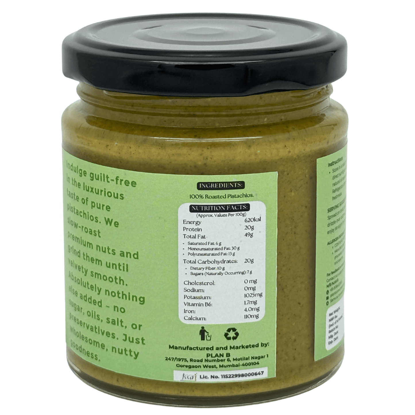 Plan B Pistachio Butter | Premium Vegan Nut Butter Made with Roasted Pistachios | No Added Sugar, Dairy-Free, Gluten-Free | High Protein, Healthy Fats | Creamy Plant-Based Spread | 200g Jar