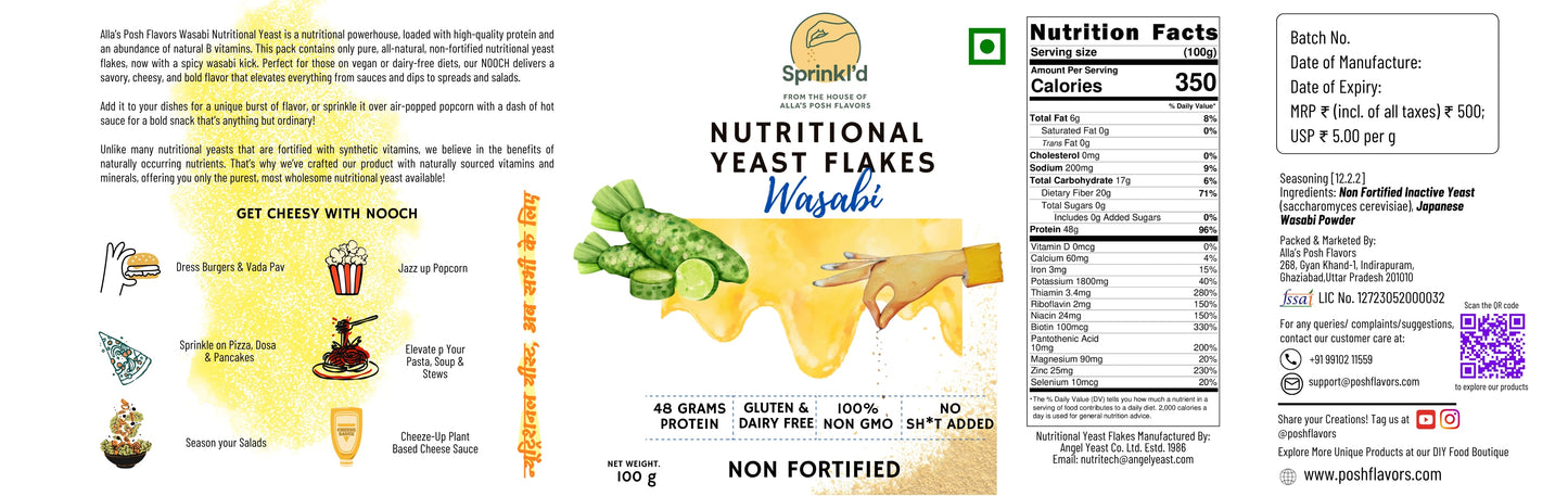 Alla's Posh Flavors WASABI Nutritional Yeast Flakes, Unfortified, Gluten-Free, Cheesy and Savory Non-Fortified Nooch | Rich in B Vitamins Minerals and Protein | Plant-based Superfood, 100 Grams
