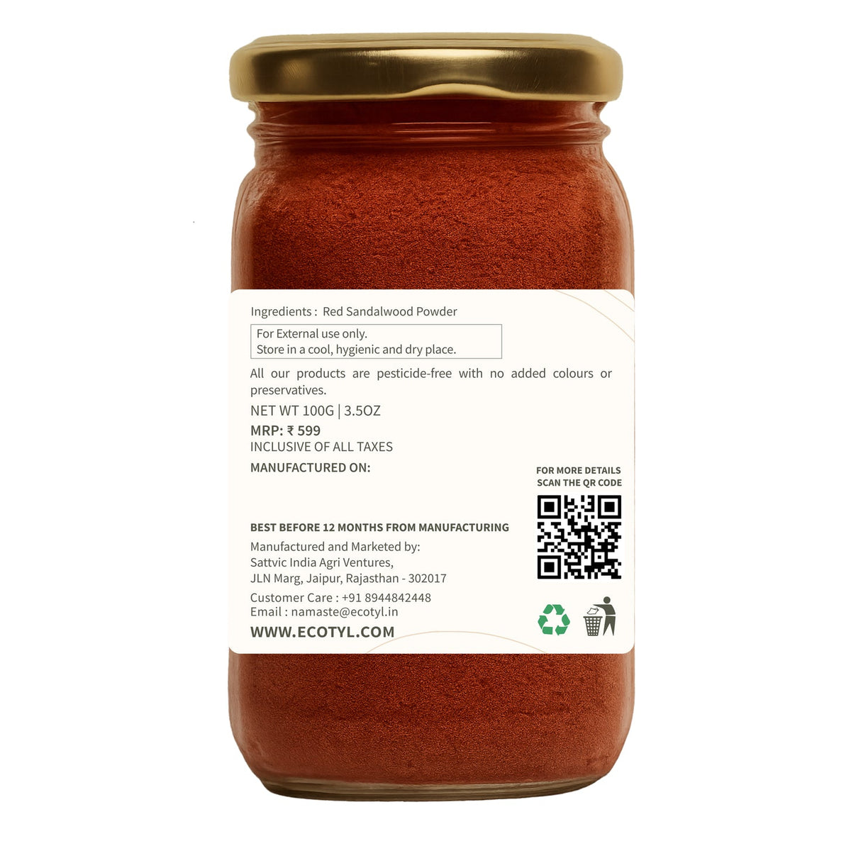 Ecotyl Red Sandalwood Powder | Natural Skin Brightener | Anti-Acne| Ayurvedic Skincare |100g