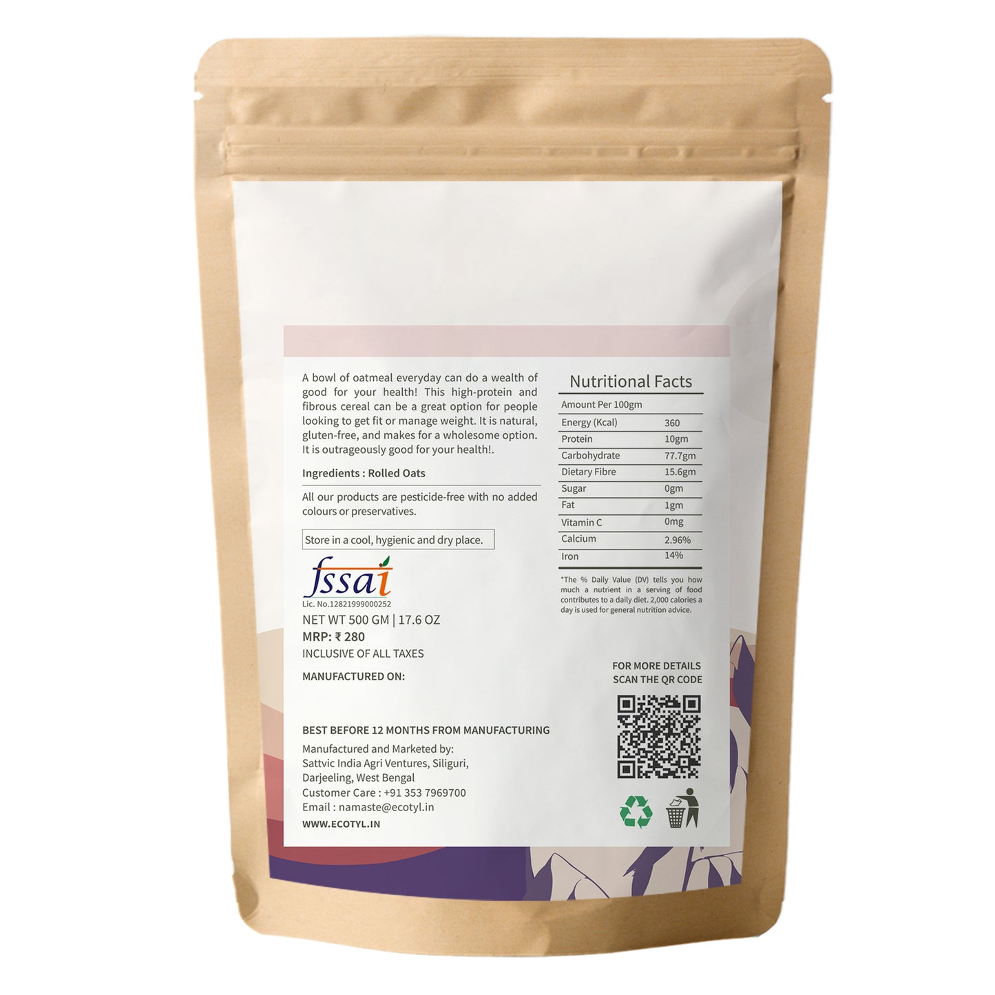 Ecotyl Rolled Oats | Gluten Free | Protein Rich | 500g