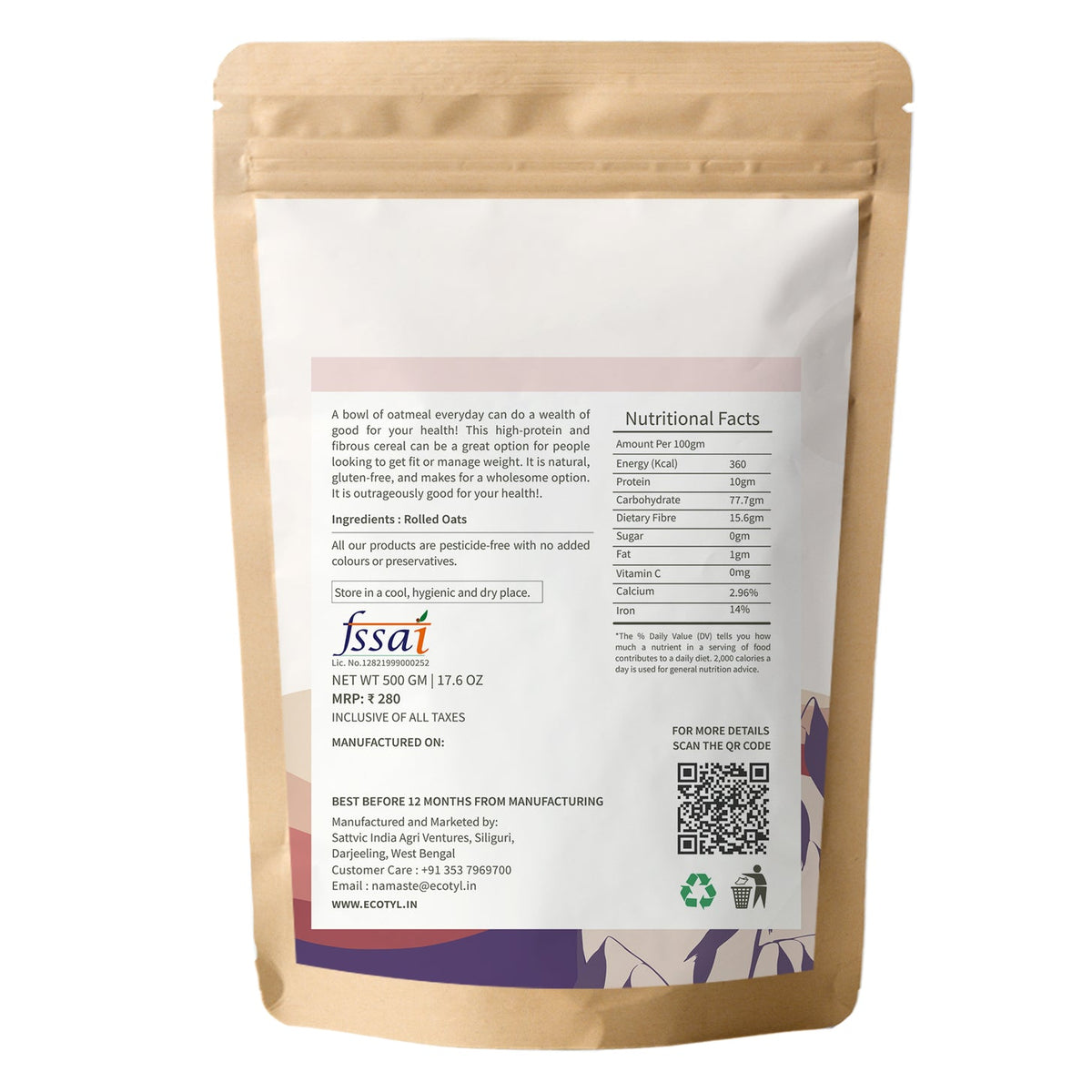 Ecotyl Rolled Oats | Gluten Free | Protein Rich | 500g