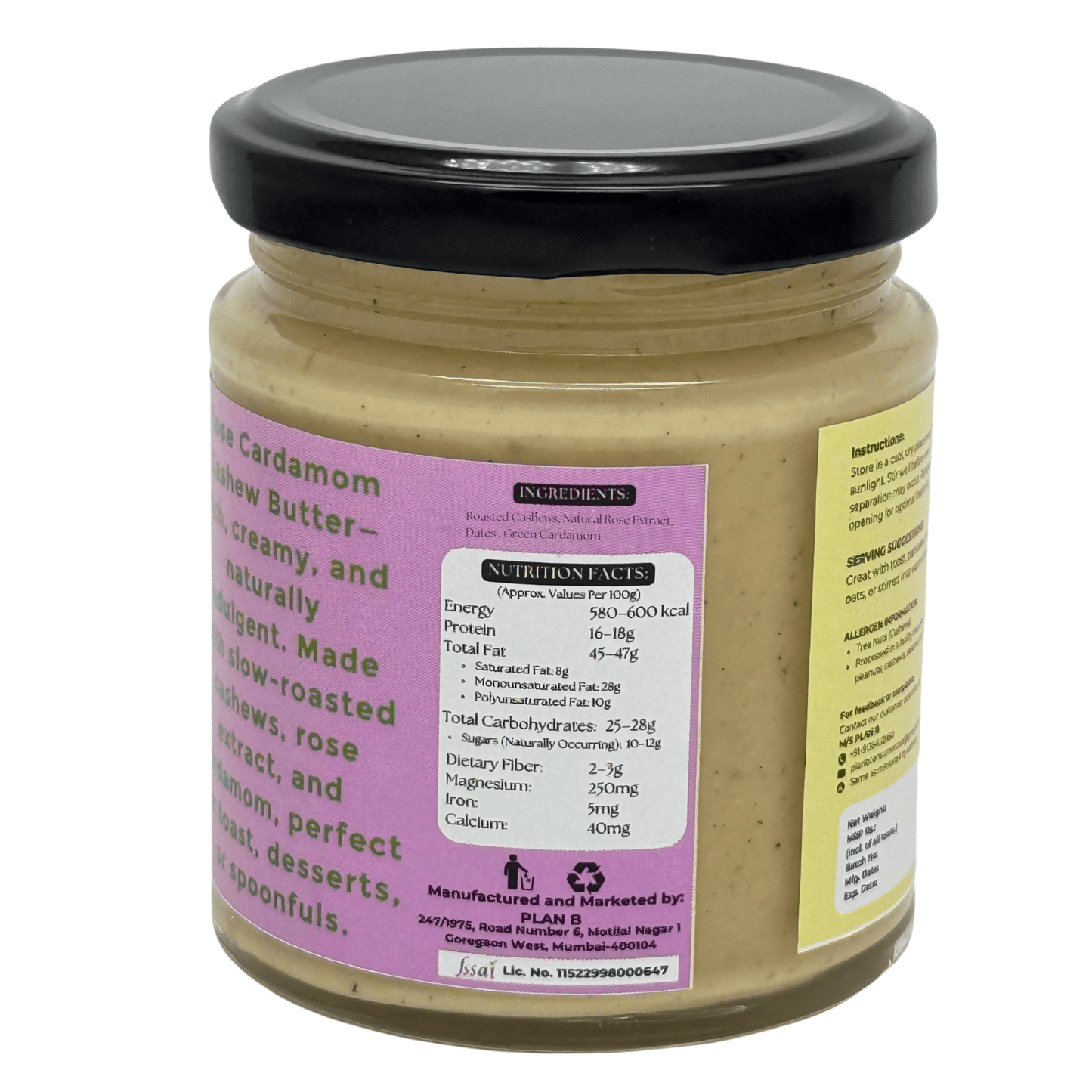 Plan B Rose Cardamom Cashew Butter | Aromatic Vegan Nut Butter with Real Rose & Cardamom | No Added Sugar, Dairy-Free, Gluten-Free | Creamy, Exotic Spread for Toast, Desserts & Snacks | 200g Jar
