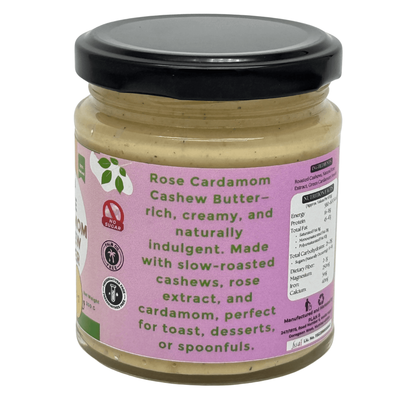 Plan B Rose Cardamom Cashew Butter | Aromatic Vegan Nut Butter with Real Rose & Cardamom | No Added Sugar, Dairy-Free, Gluten-Free | Creamy, Exotic Spread for Toast, Desserts & Snacks | 200g Jar