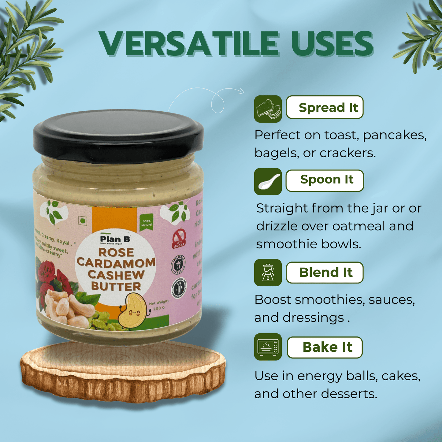 Plan B Rose Cardamom Cashew Butter | Aromatic Vegan Nut Butter with Real Rose & Cardamom | No Added Sugar, Dairy-Free, Gluten-Free | Creamy, Exotic Spread for Toast, Desserts & Snacks | 200g Jar