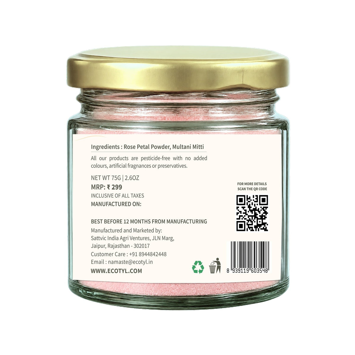 Ecotyl Rose Radiance Face Pack | Skin Glow & Brightening | 75g