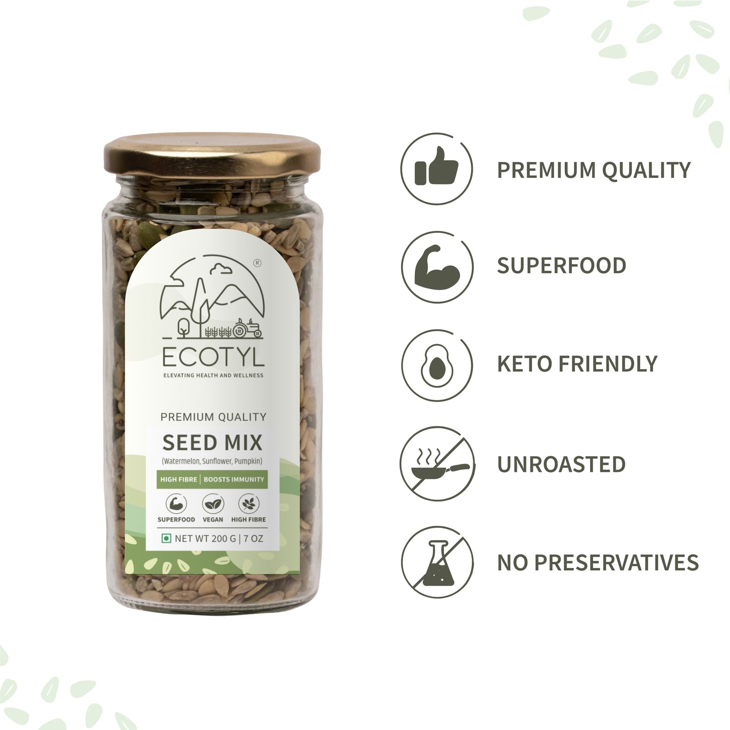 Ecotyl Seed Mix | Sunflower, Pumpkin, and Watermelon Seeds | Unroasted | 200g