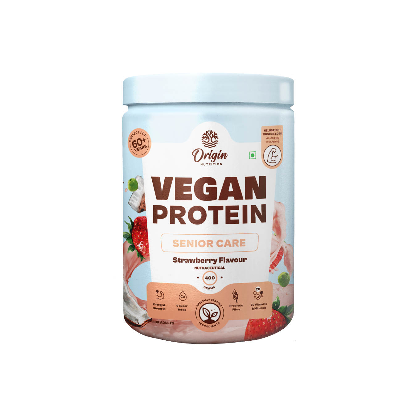 Origin Nutrition senior Care Vegan Plant Protein Powder 400g, Strawberry Flavour with 25g Plant Based Protein