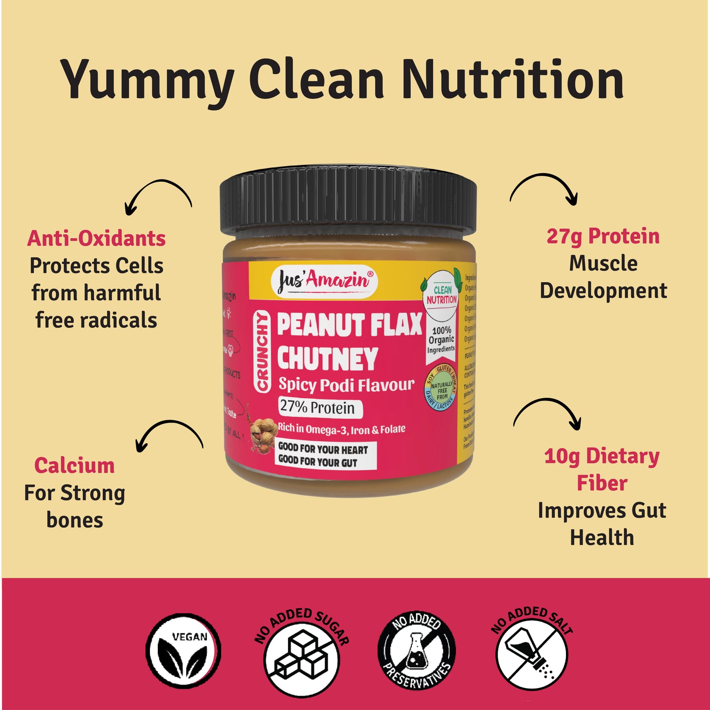 Jus Amazin Crunchy Organic Peanut Flax Chutney – Spicy Podi (200g)