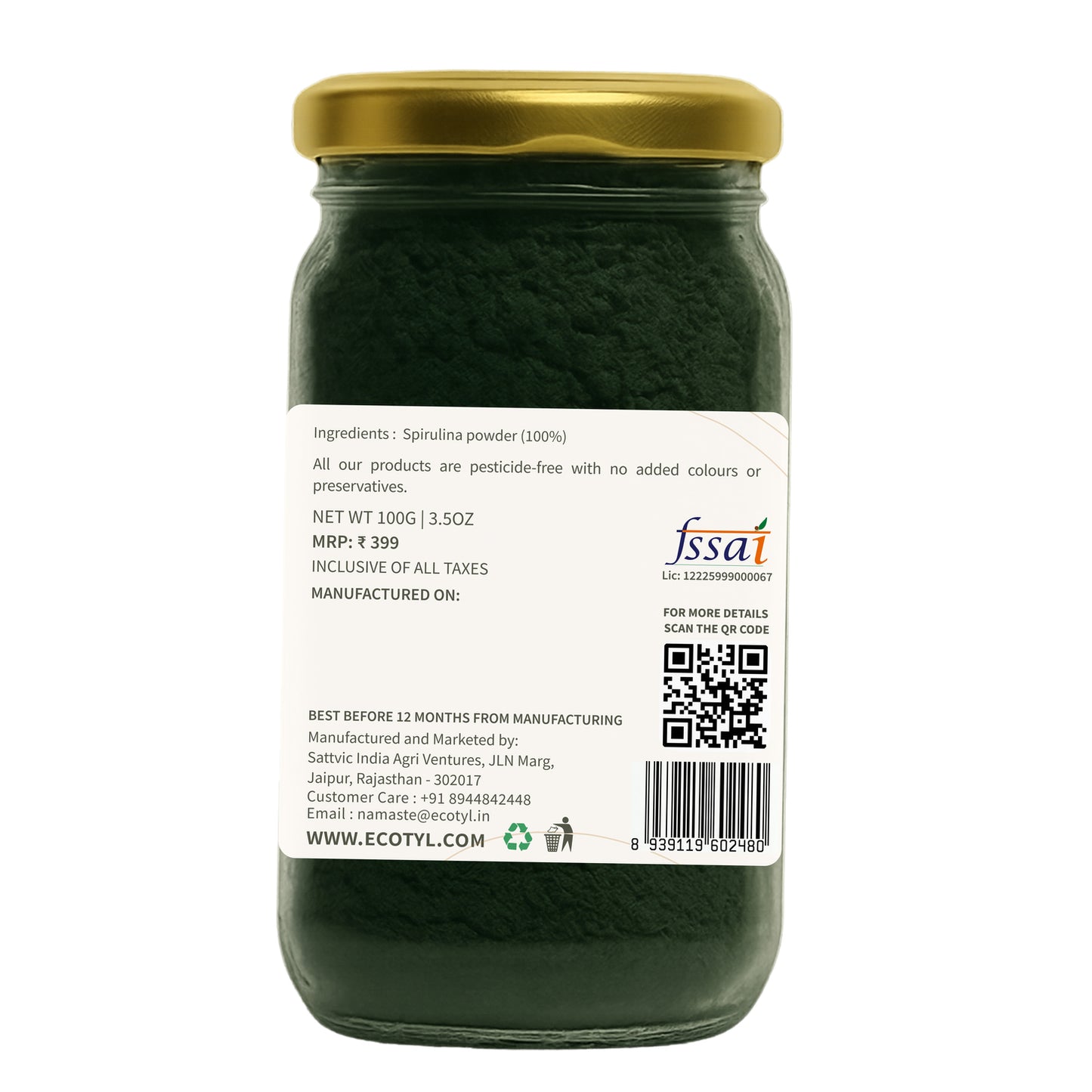 Ecotyl Spirulina Powder | Superfood | High Protein & Nutrients | 100g