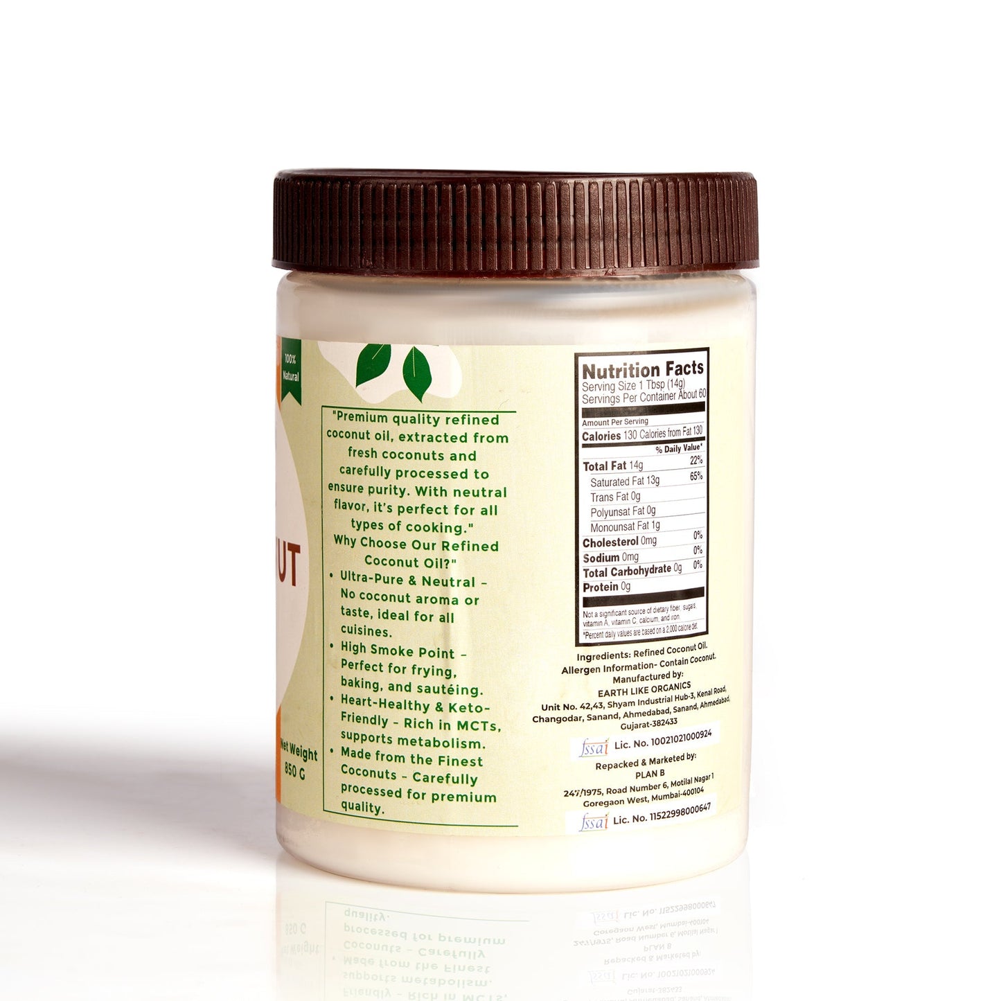 Plan B Refined Coconut Oil 850g – Pure & Premium | Neutral Aroma & Taste | Ideal for Cooking, Frying, Baking, Skin & Hair Care | Non-GMO, High Smoke Point