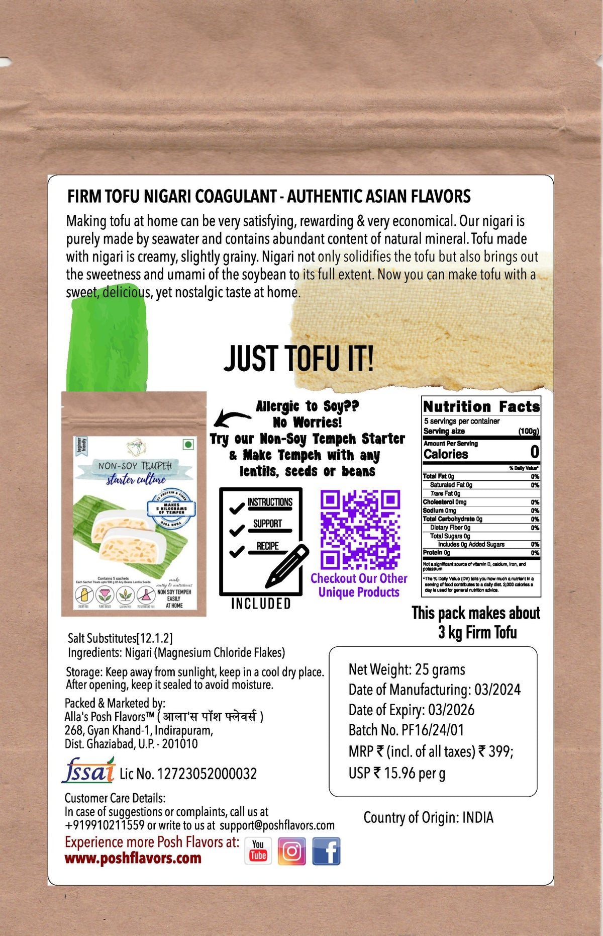 Posh Flavors Tofu Coagulant - Nigari Flakes, Bittern, Magnesium Salt | Premium Food Grade | Makes 3 kilograms of Original Firm Tofu | Made in India | Easy-to-Use Instructions & Support Included