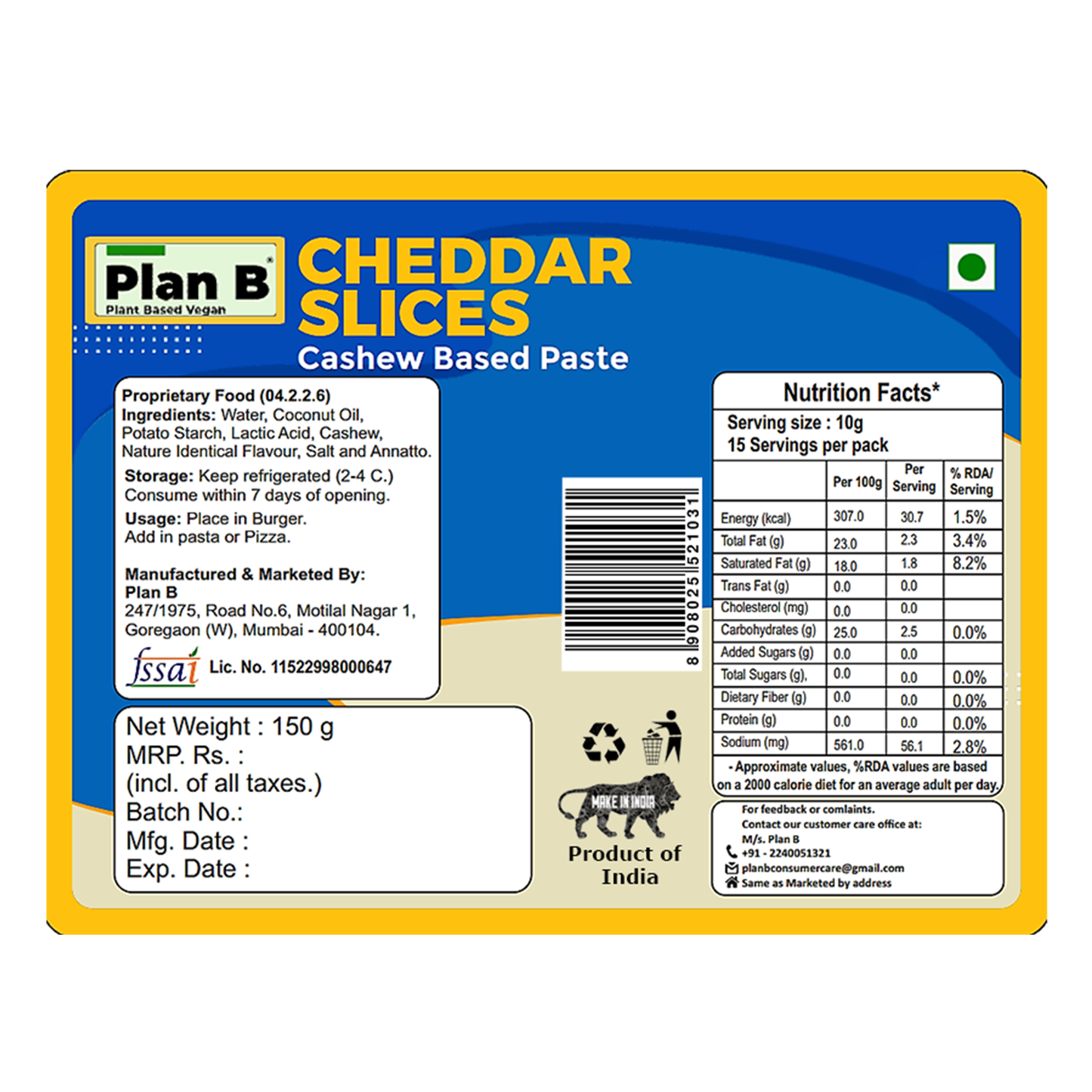 Plan B Cheddar Slices 150 g