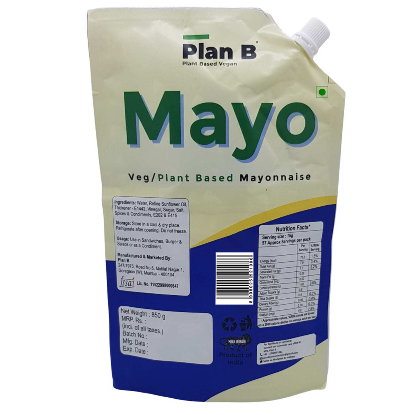 Plan B Mayonnaise 850g (Dairy Free, Extra Creamy & Delicious)