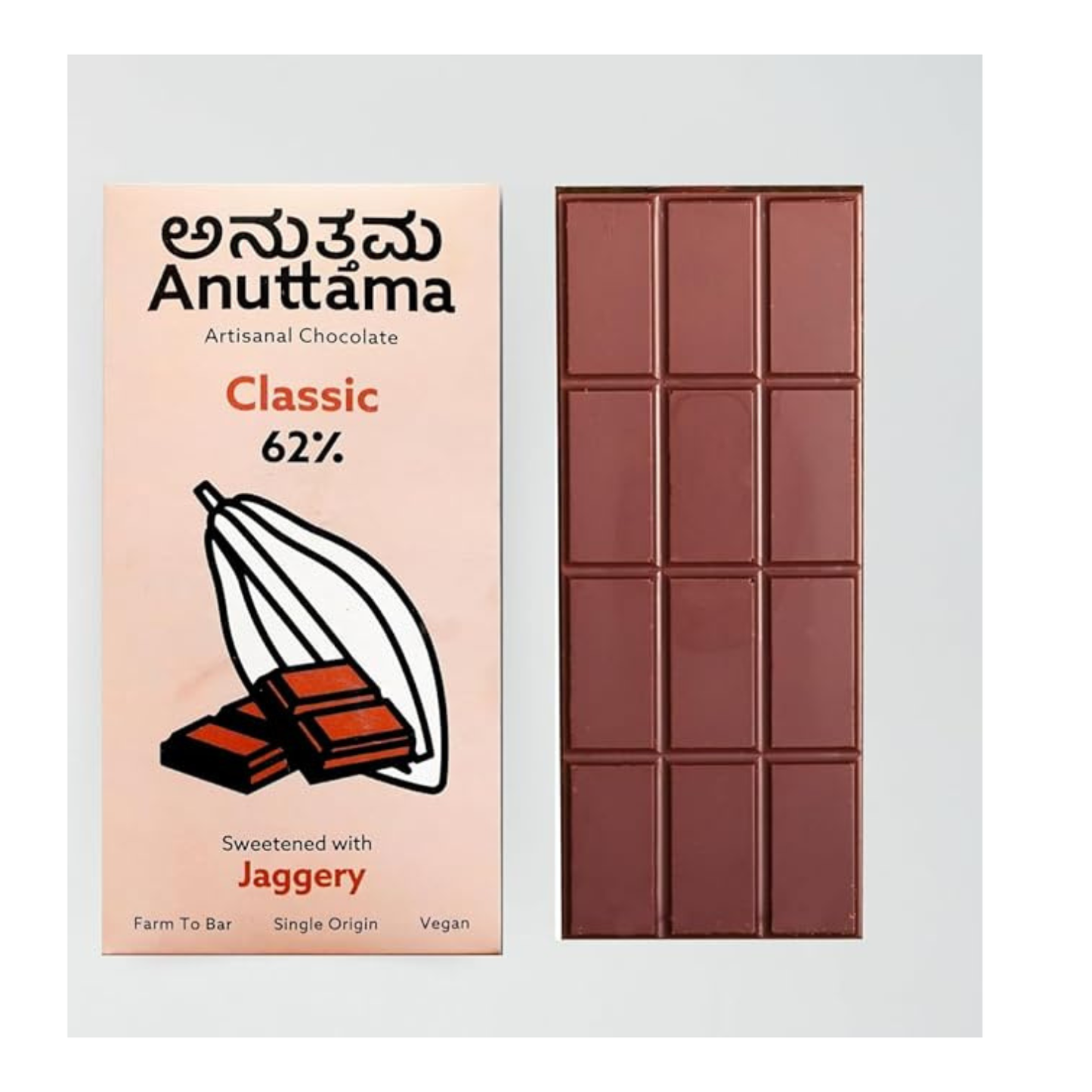 ANUTTAMA Dark Chocolate | 62% Cocoa | No Artificial Flavours and Colors | Sweetened with Jaggery Dark Chocolate Bar | Pack of 2