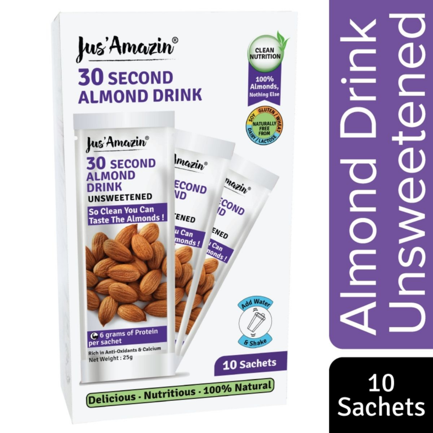 Jus Amazin 30-Second Almond Drink - Unsweetened (10X25g Sachets), 250gm | High Protein (6g per sachets) | 1 Sachet makes 1 glass of Almond Drink | Clean Nutrition | Single Ingredient - 100% Almonds | Zero Additives | plant based & Dairy Free - plant based Dukan