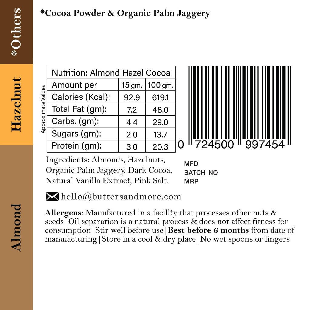 Butters & More Vegan Almond Butter with Hazelnuts, Dark Cocoa & Organic Palm Jaggery (200g) - Vegan Dukan