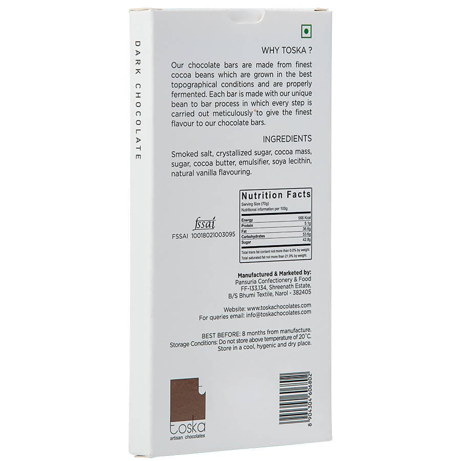Toska - Smoked Salt & Crystallized Sugar Dark Chocolate - 70gm - plant based Dukan