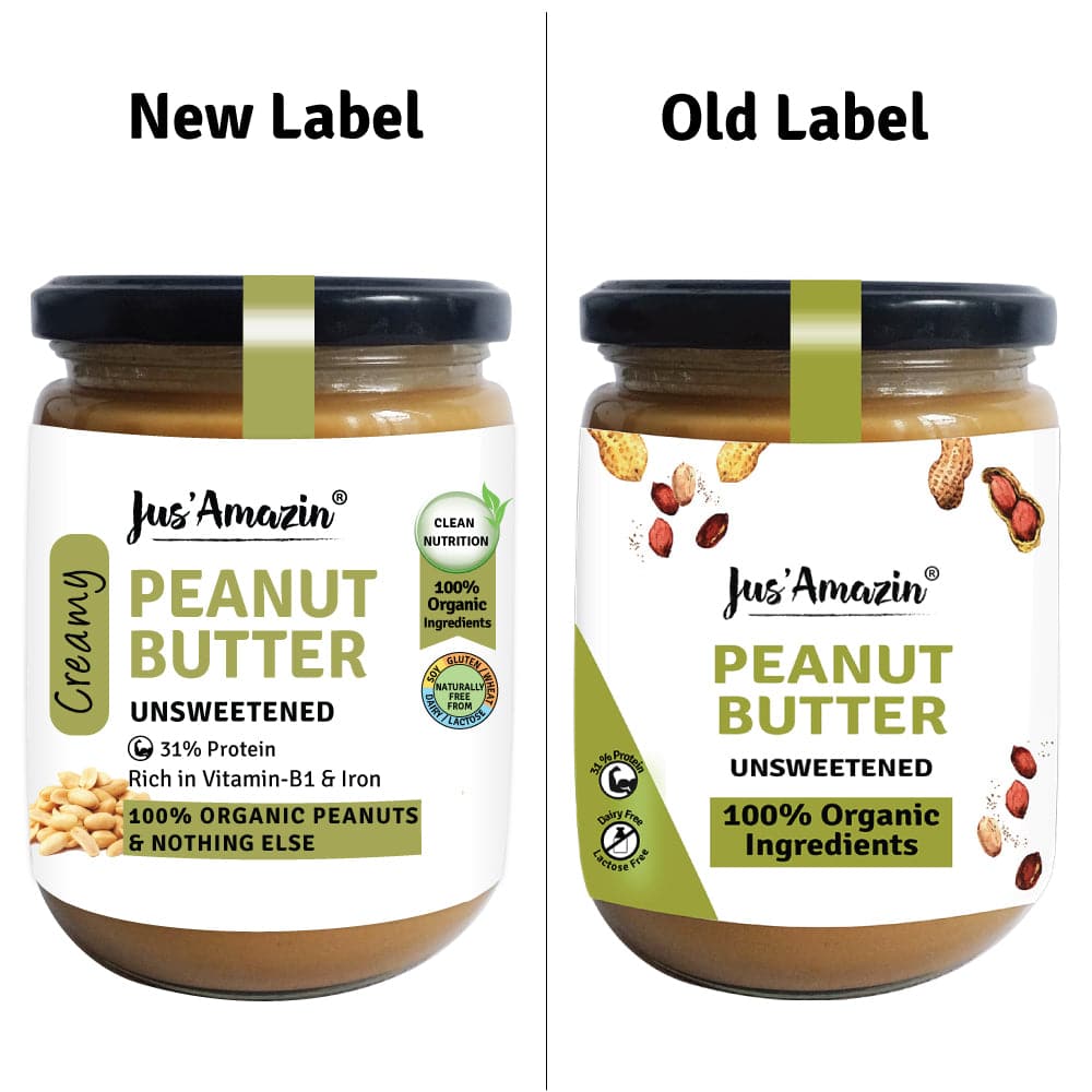 Jus Amazin Creamy Organic Peanut Butter - Unsweetened (500g) | 31% Protein | Clean Nutrition | Single Ingredient - 100% Organic Peanuts | Zero Additives | plant based & Dairy Free