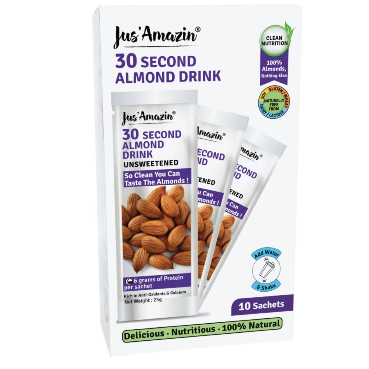 Jus Amazin 30-Second Almond Drink - Unsweetened (10X25g Sachets), 250gm | High Protein (6g per sachets) | 1 Sachet makes 1 glass of Almond Drink | Clean Nutrition | Single Ingredient - 100% Almonds | Zero Additives | plant based & Dairy Free - plant based Dukan