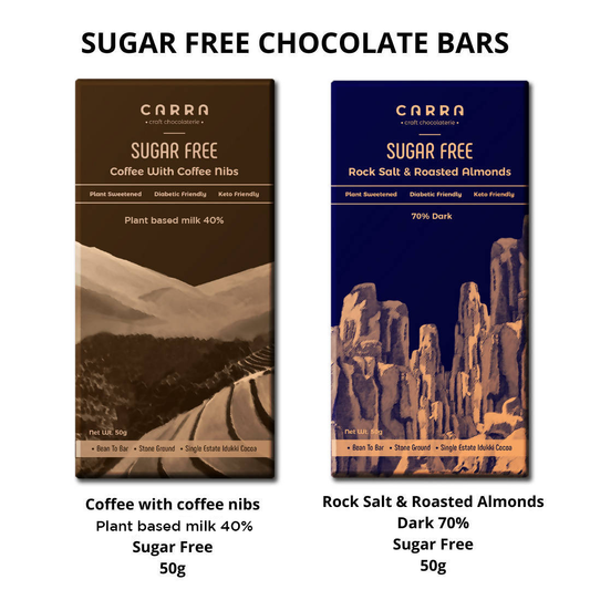 Carra Sugar Free Chocolate Bars | Pack of 4 - Coffee with coffee nibs & Plant Based Mylky 40% and Rock Salt & Roasted Almonds in Dark 70% ; 200g; Diabetic & Keto Friendly