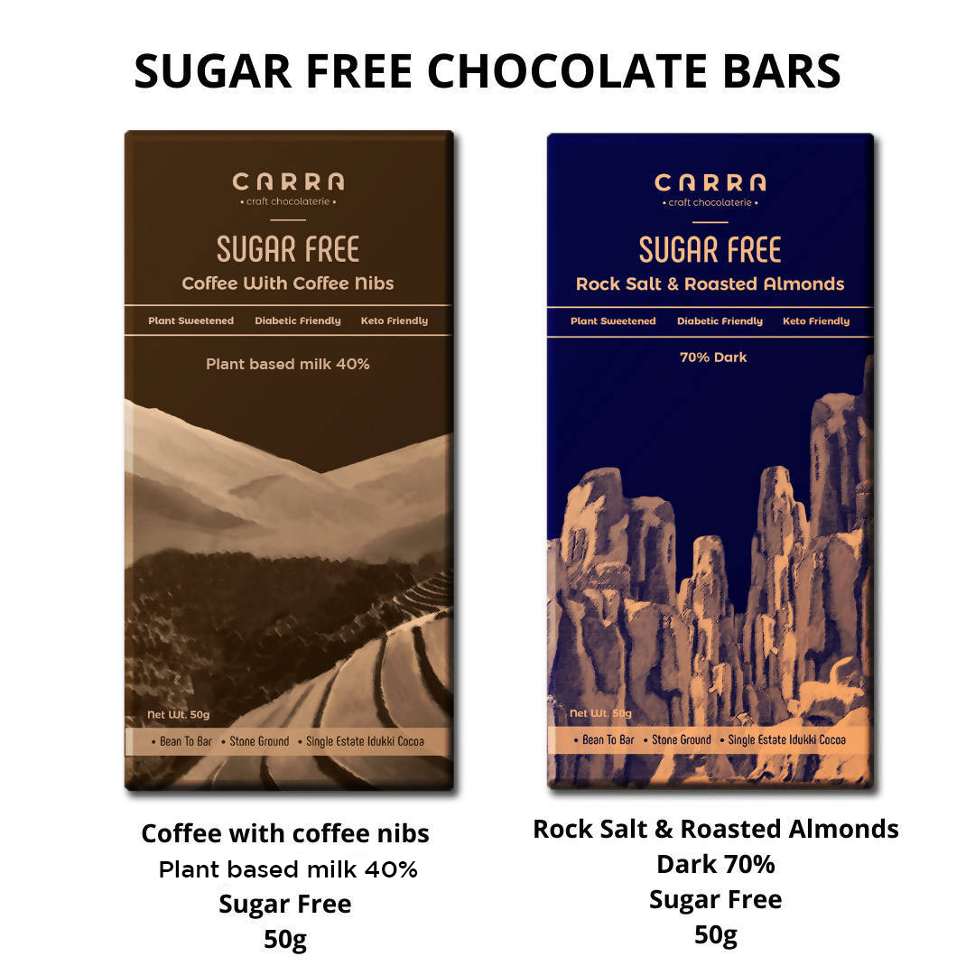 Carra Sugar Free Chocolate Bars | Pack of 4 - Coffee with coffee nibs & Plant Based Mylky 40% and Rock Salt & Roasted Almonds in Dark 70% ; 200g; Diabetic & Keto Friendly
