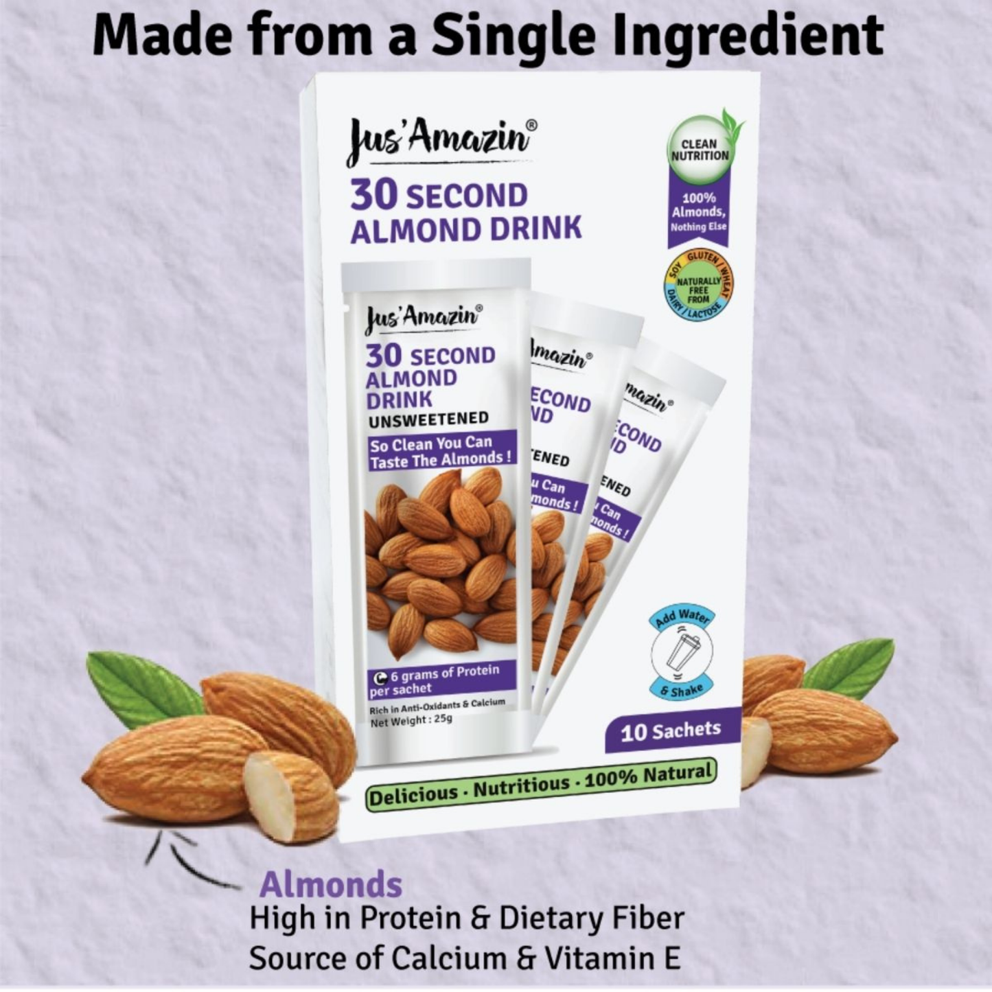 Jus Amazin 30-Second Almond Drink - Unsweetened (10X25g Sachets), 250gm | High Protein (6g per sachets) | 1 Sachet makes 1 glass of Almond Drink | Clean Nutrition | Single Ingredient - 100% Almonds | Zero Additives | plant based & Dairy Free - plant based Dukan
