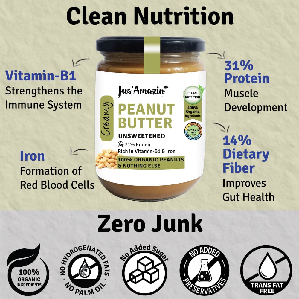 Jus Amazin Creamy Organic Peanut Butter - Unsweetened (500g) | 31% Protein | Clean Nutrition | Single Ingredient - 100% Organic Peanuts | Zero Additives | plant based & Dairy Free