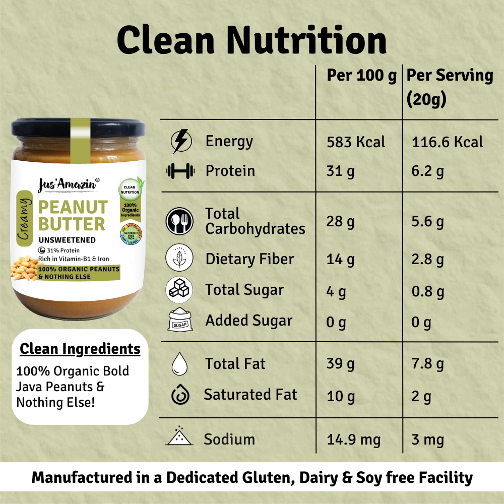 Jus Amazin Creamy Organic Peanut Butter - Unsweetened (500g) | 31% Protein | Clean Nutrition | Single Ingredient - 100% Organic Peanuts | Zero Additives | plant based & Dairy Free