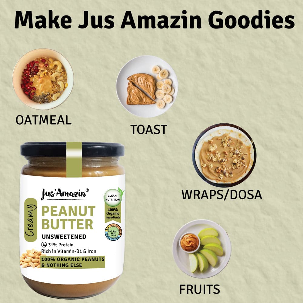 Jus Amazin Creamy Organic Peanut Butter - Unsweetened (500g) | 31% Protein | Clean Nutrition | Single Ingredient - 100% Organic Peanuts | Zero Additives | plant based & Dairy Free