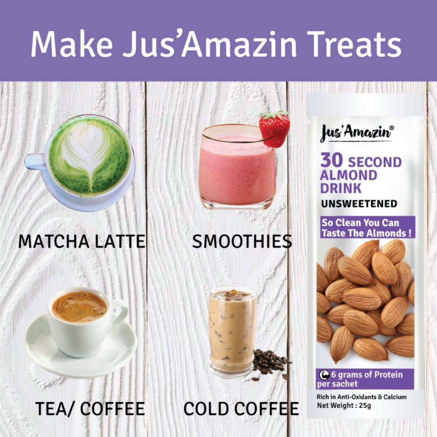 Jus Amazin 30-Second Almond Drink - Unsweetened (10X25g Sachets), 250gm | High Protein (6g per sachets) | 1 Sachet makes 1 glass of Almond Drink | Clean Nutrition | Single Ingredient - 100% Almonds | Zero Additives | plant based & Dairy Free - plant based Dukan