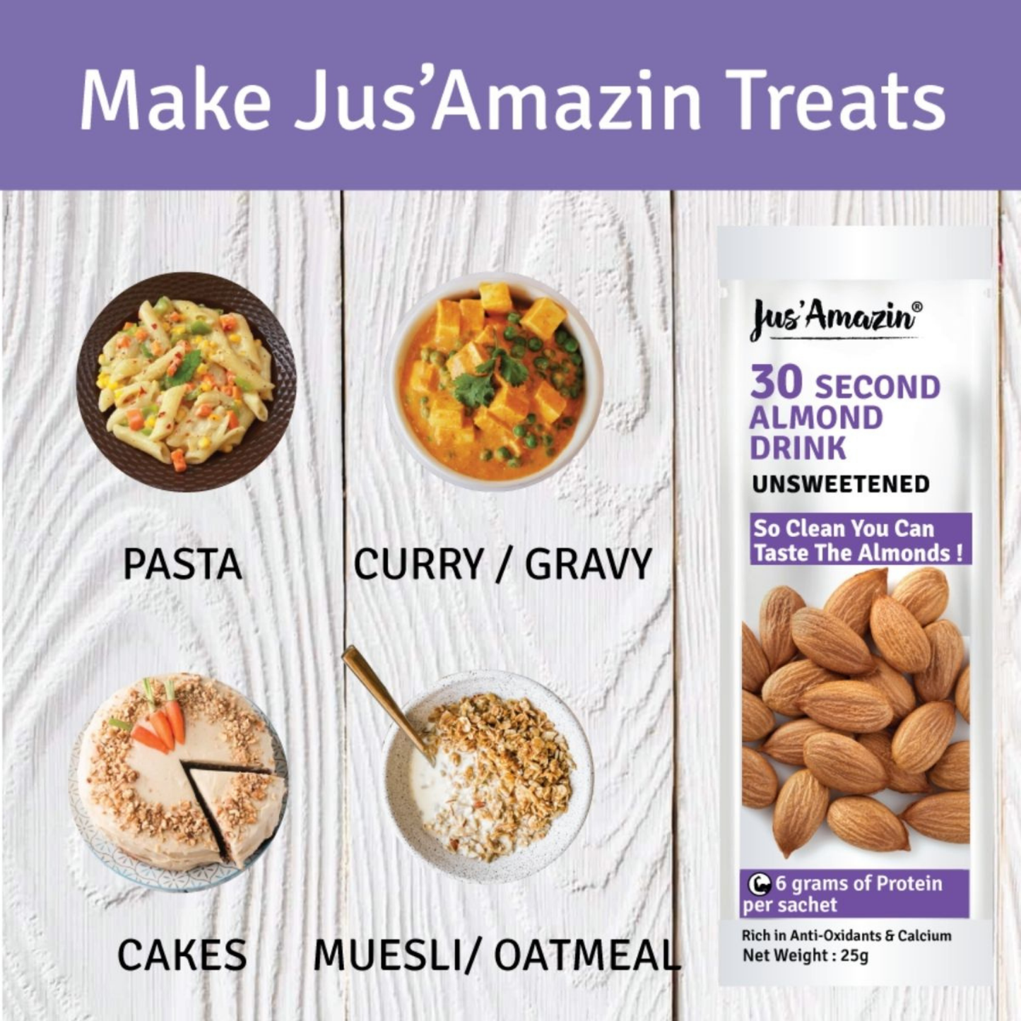 Jus Amazin 30-Second Almond Drink - Unsweetened (10X25g Sachets), 250gm | High Protein (6g per sachets) | 1 Sachet makes 1 glass of Almond Drink | Clean Nutrition | Single Ingredient - 100% Almonds | Zero Additives | plant based & Dairy Free - plant based Dukan