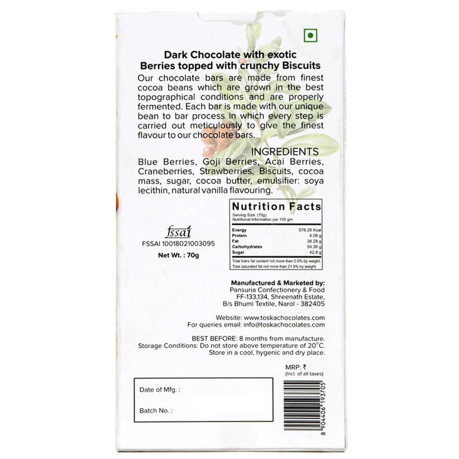 Toska - Berry & Biscuit Dark Chocolate - 70gm - plant based Dukan