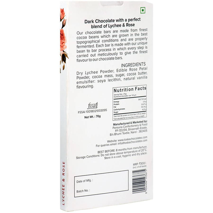 Toska Lychee & Rose - 55% Dark Chocolate - plant based Dukan