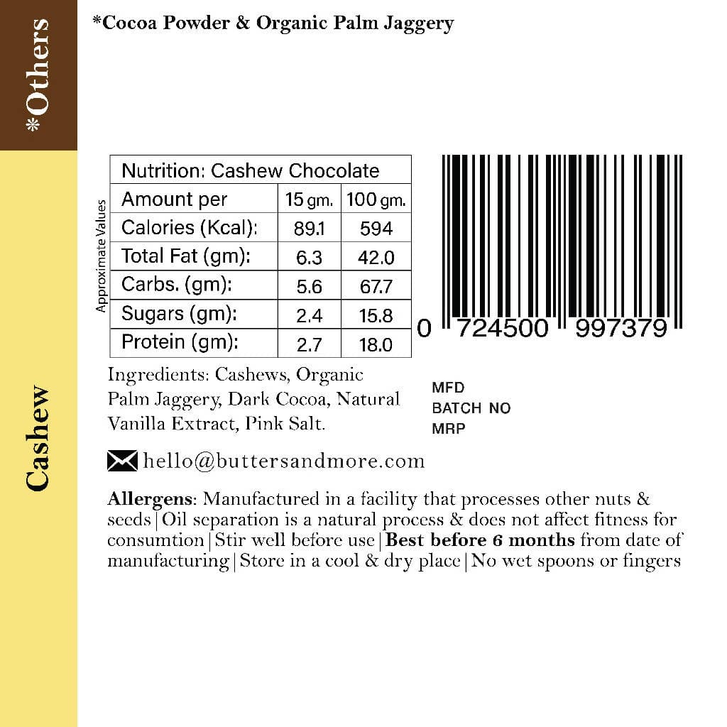 Butters & More Vegan Cashew Butter with Dark Cocoa & Organic Palm Jaggery (200g). No Refined Sugar. Healthy Chocolate Spread. - Vegan Dukan