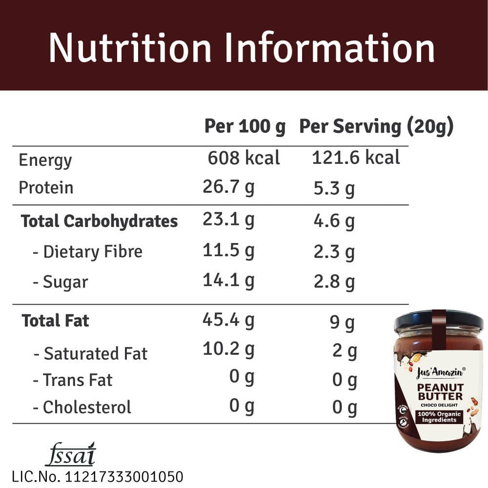 Jus Amazin Creamy Organic Peanut Butter – Choco Delight 500g - plant based Dukan