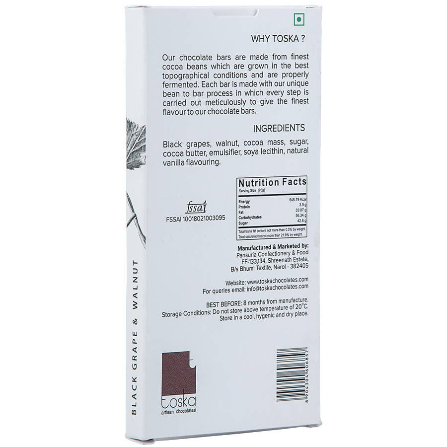 Toska - Black Grape & Walnut Dark Chocolate - 70gm - plant based Dukan