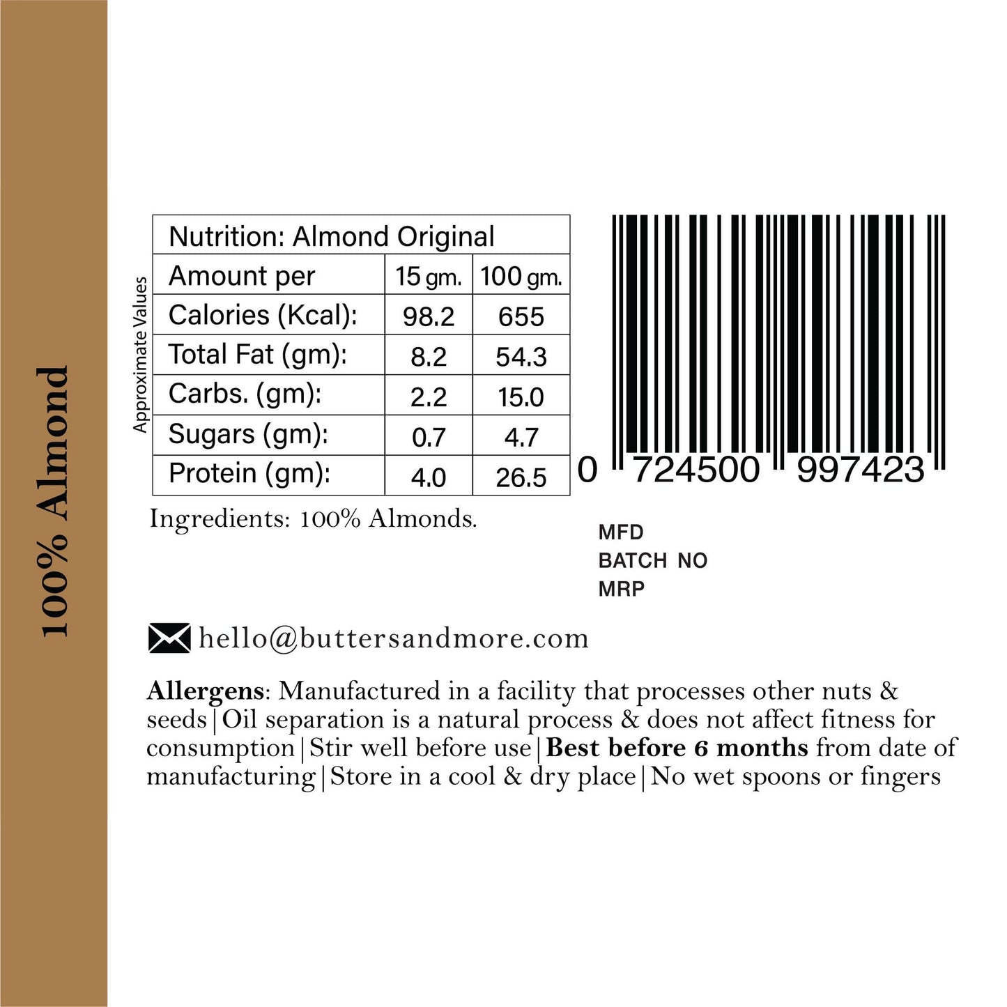 Butters & More Vegan Almond Butter Unsweetened(200g) - Vegan Dukan