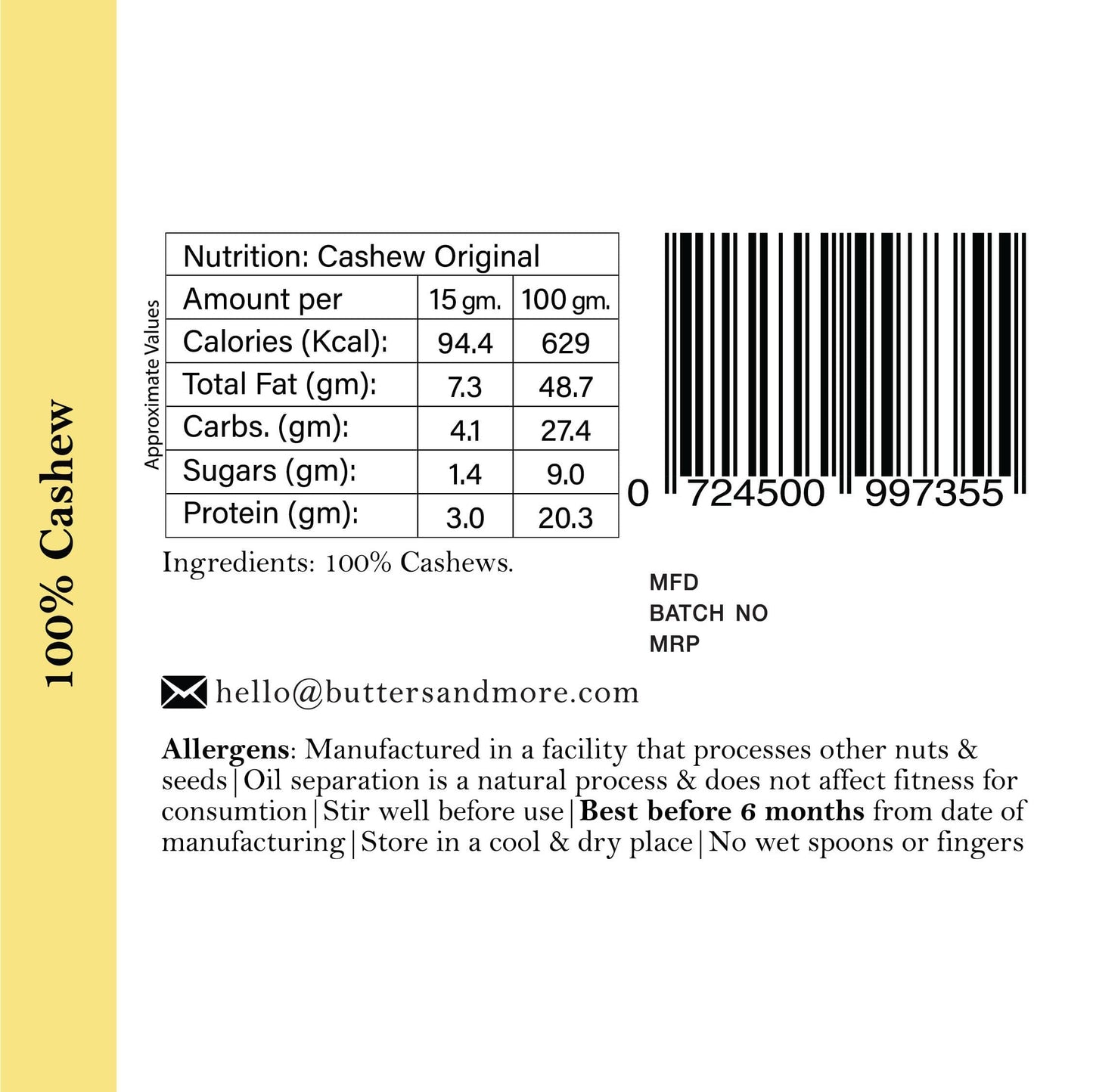 Butters & More Vegan Cashew Butter Unsweetened, Single Ingredient Nut Butter. (200g) - Vegan Dukan