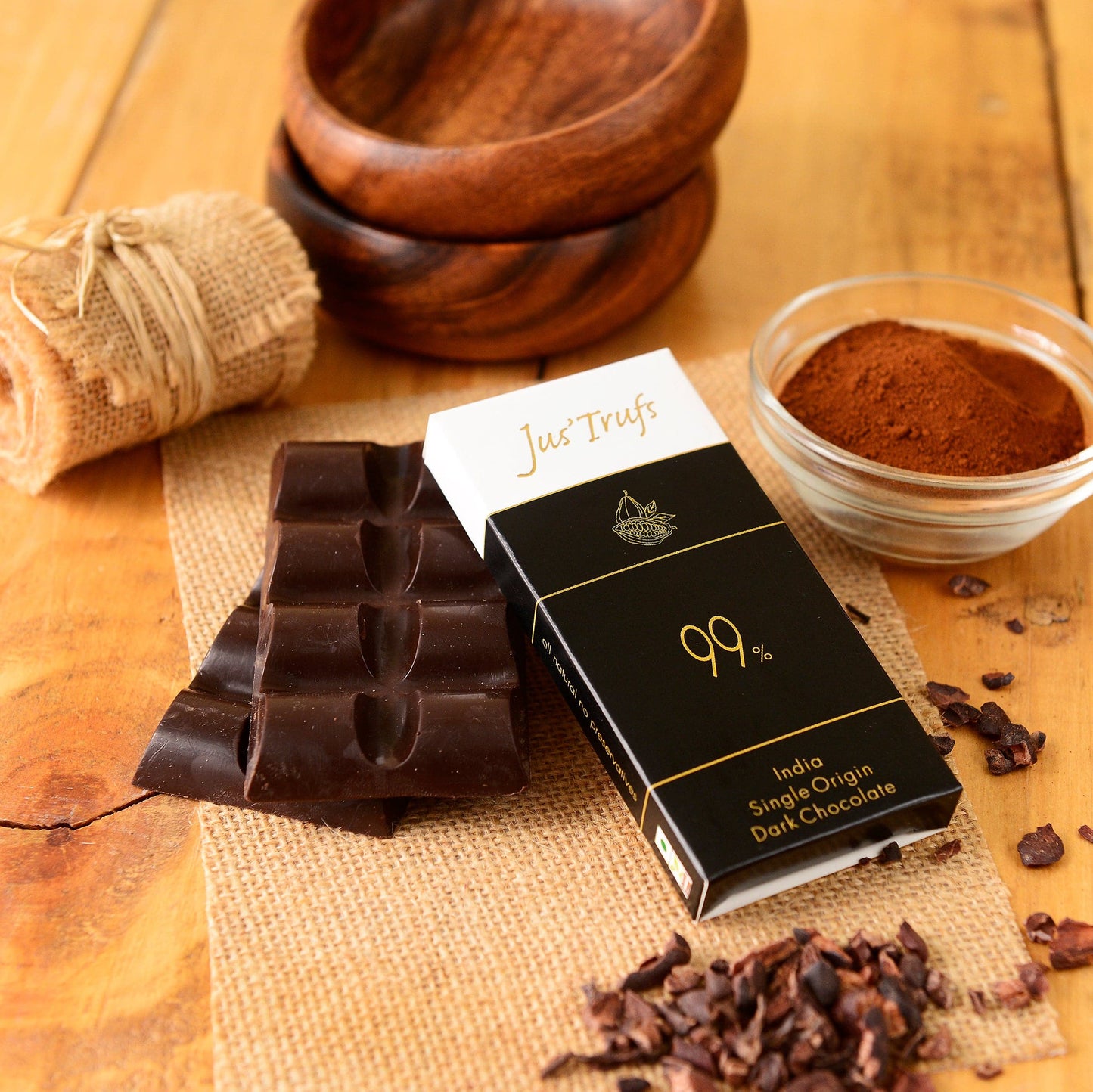Jus'Trufs Artisanal 99% Dark Chocolate Bar, Set of 2 (80gm)