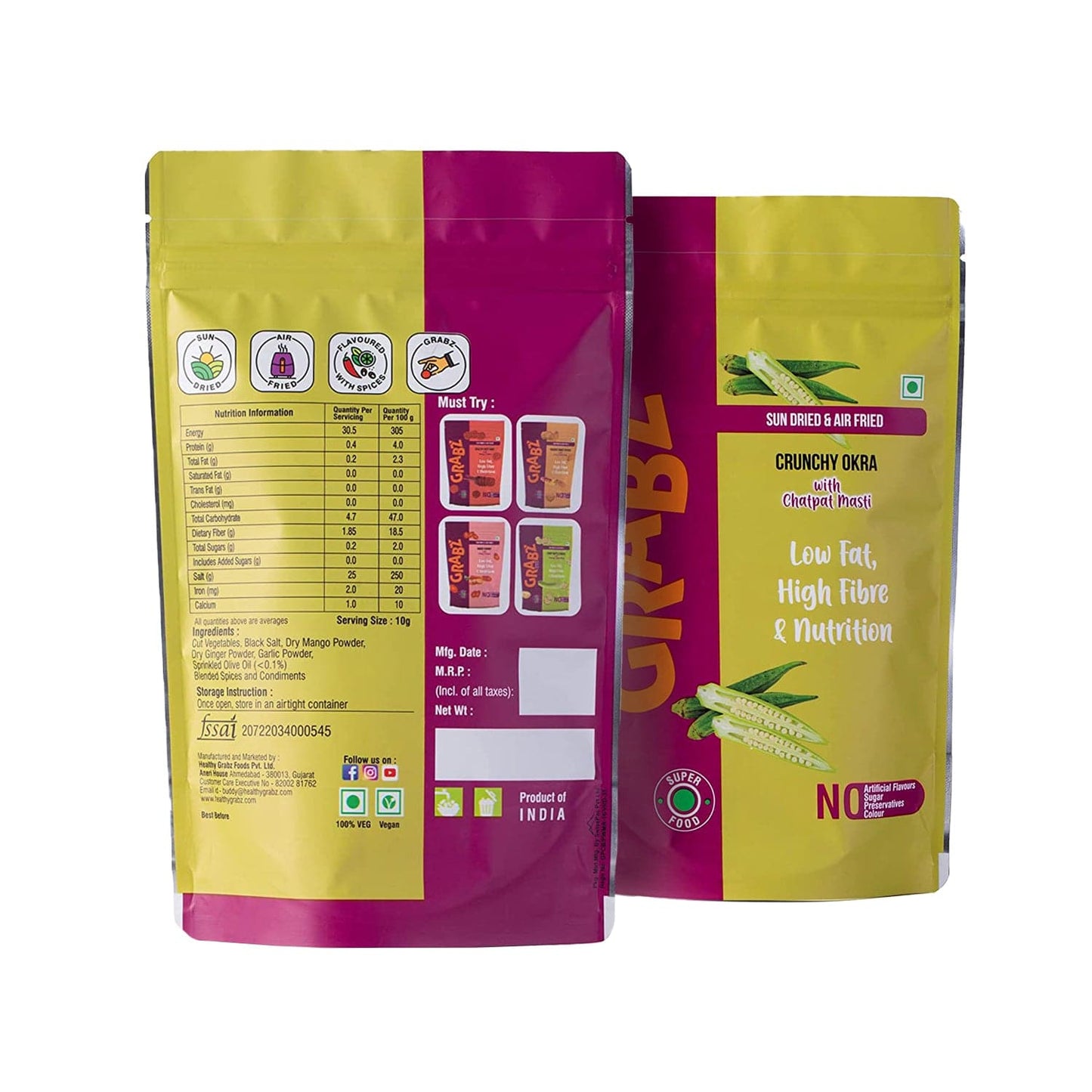 Grabz Air fried Chatpat Masti Okra Vegetable Chips (2x30 grams) without oil ,sprinkled olive oil and herbs