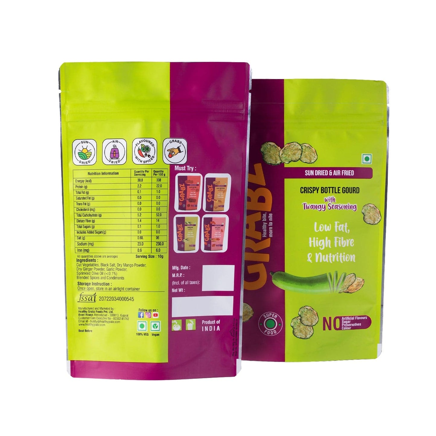 Grabz Air fried Bottle Gourd Chips with Twangy Seasoning (25 Grams Each) Pack of 3