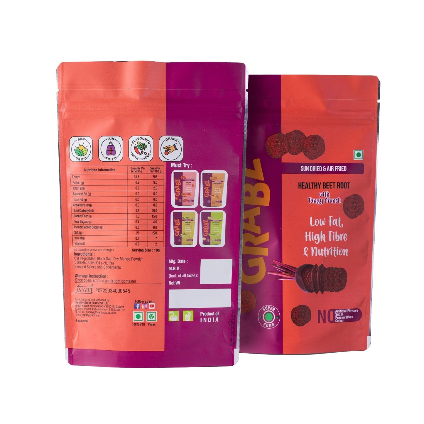 Grabz Air fried Beetroot Chips (Pack of 3 x 30 grams) (Dehydrated, Cooked with air, Sprinkled olive oil)