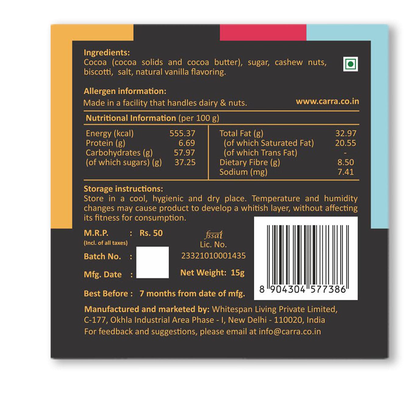 Carra Miniature Chocolate Bars | 55% Dark | Sets of 3 each of Cashews & Biscotti, Sea Salt & California Almonds, Cardamom and Cashews & Cranberries ; 15g X 12pcs ; 180g