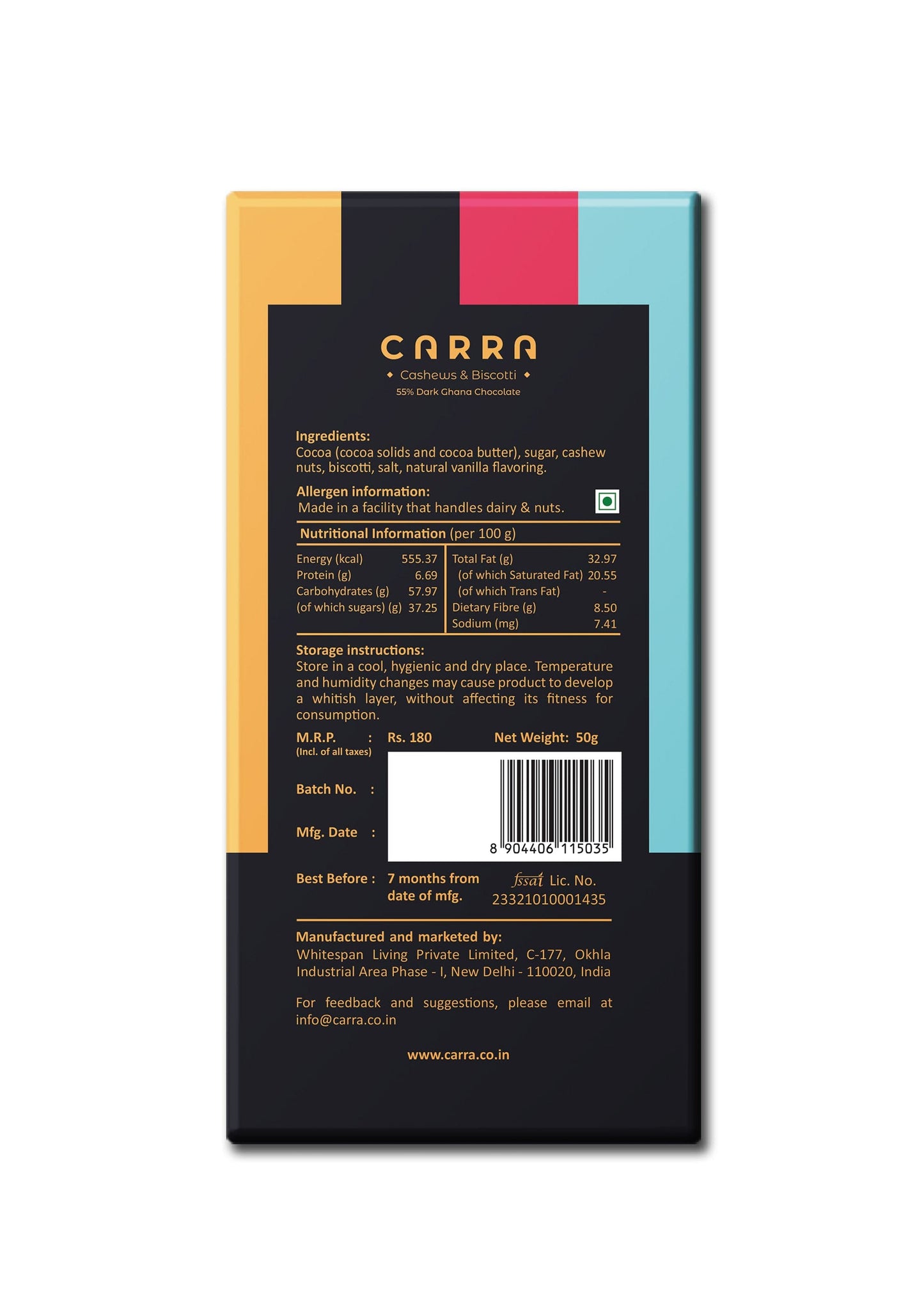 Carra 55% Dark | Nut based series | Pack of 3 : Sea Salt & California Almonds, Cashews & Biscotti, Cashews & Cranberries ; 150g