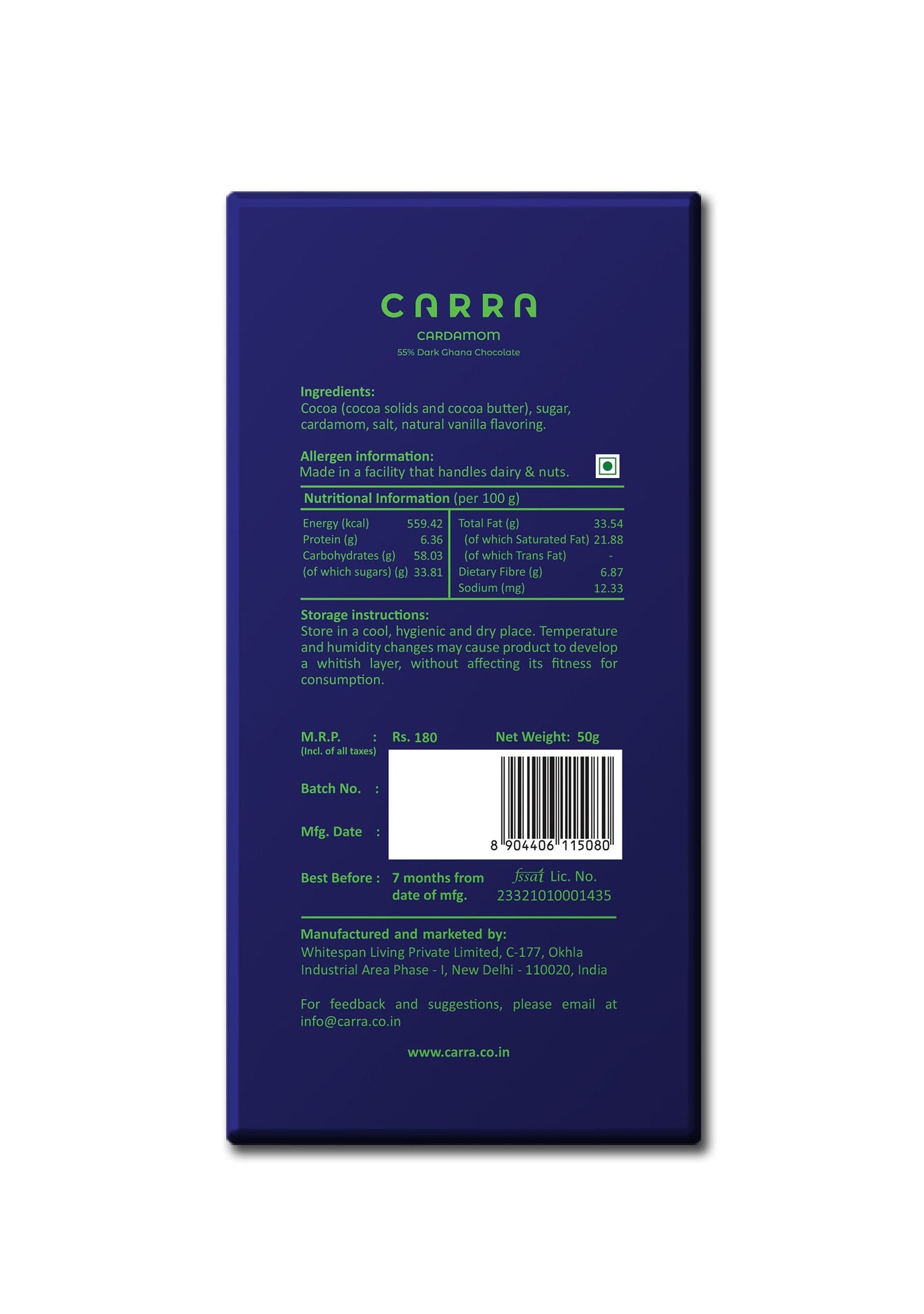 Carra 55% Dark | India Culture Series | Pack of 3 : Fennel seeds, Cinnamon, Cardamom ; 150g