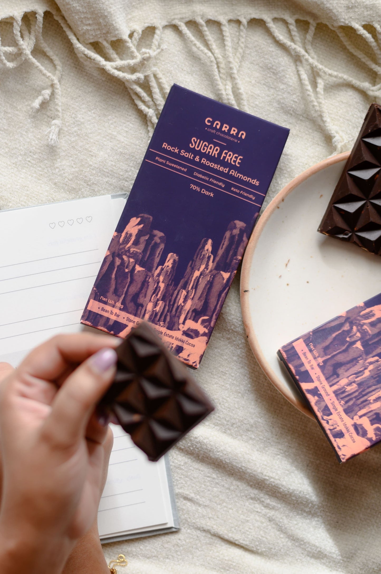 Carra Sugar Free Chocolate Bars | Pack of 4 - Coffee with coffee nibs & Plant Based Mylky 40% and Rock Salt & Roasted Almonds in Dark 70% ; 200g; Diabetic & Keto Friendly